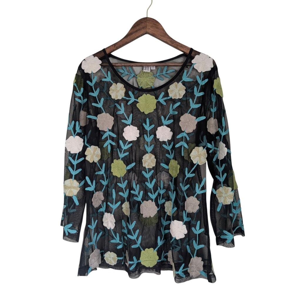 Parsley & Sage Embroidered Floral Sheer Mesh Top